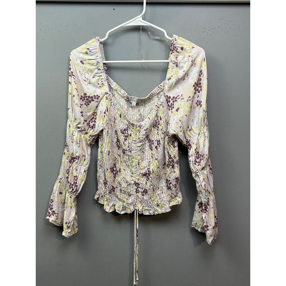 Kit + Sky Smocked Floral Bell Sleeve Top Womens Medium‎ Lavender Yellow Boho NEW